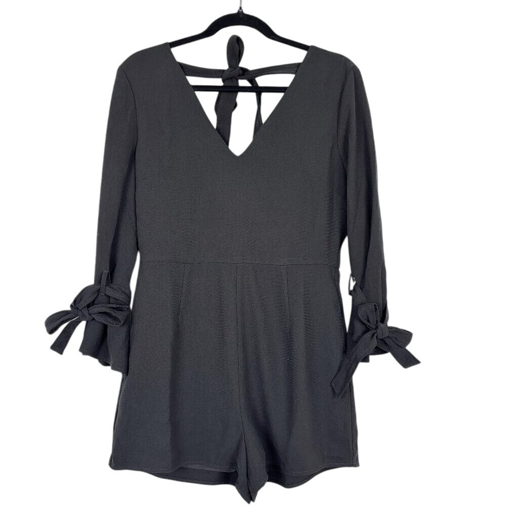 JOA Los Angeles Romper Women's Medium Black Long Sleeve Bow Tie Back Party